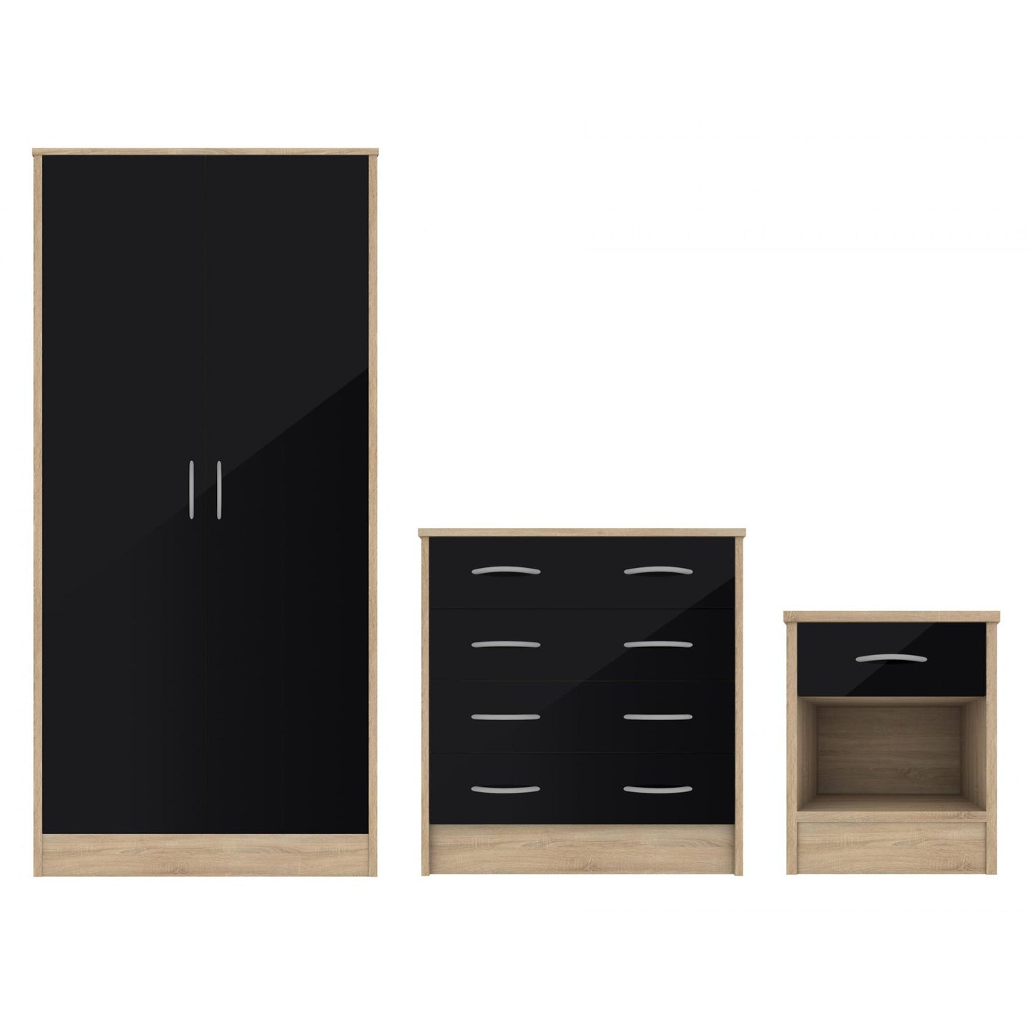 Bardalona Trio Wardrobe, Chest & Bedside Black Gloss