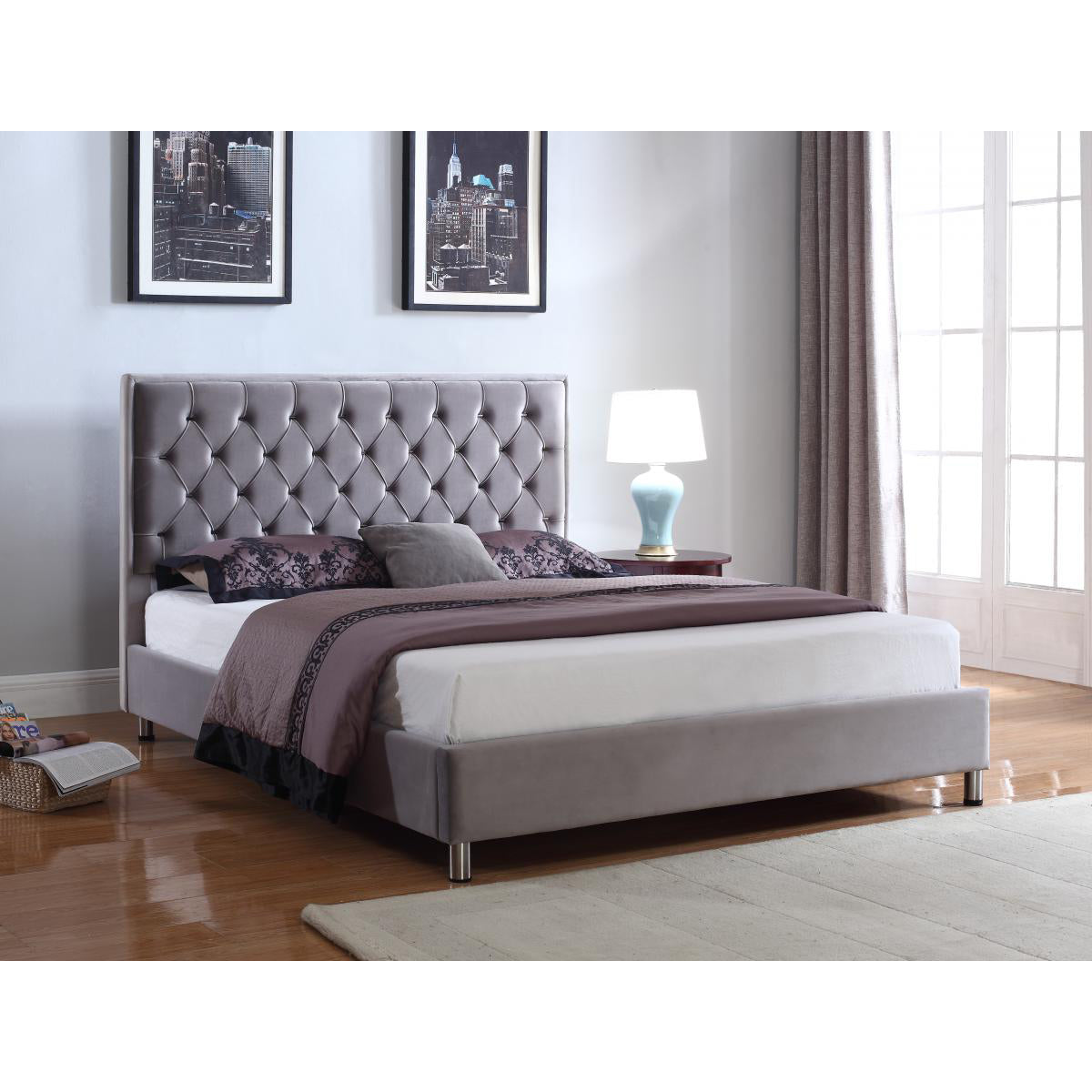 Izabel Velvet King Size Bed Light Grey with Dark Grey HB