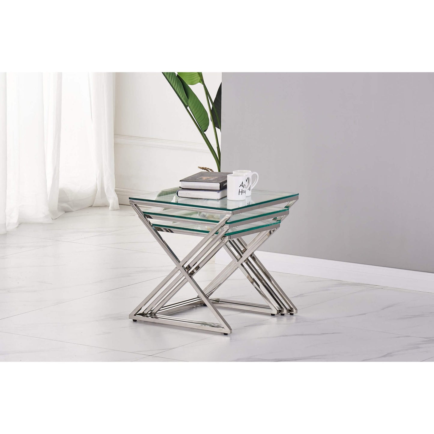 Osaka Nest of Tables Clear Glass & Silver Frame