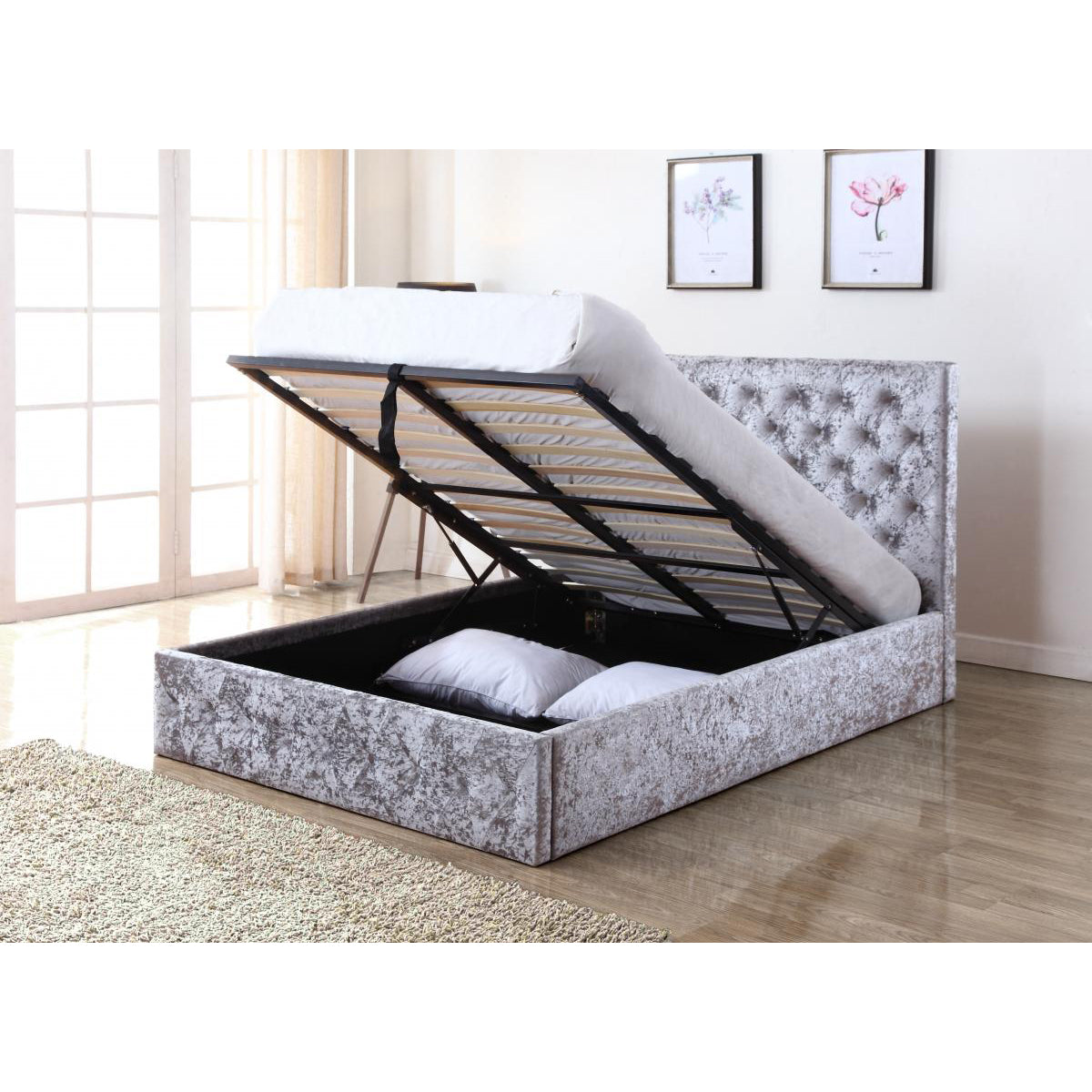 Yasmin Storage Crushed Velvet King Size Bed Silver